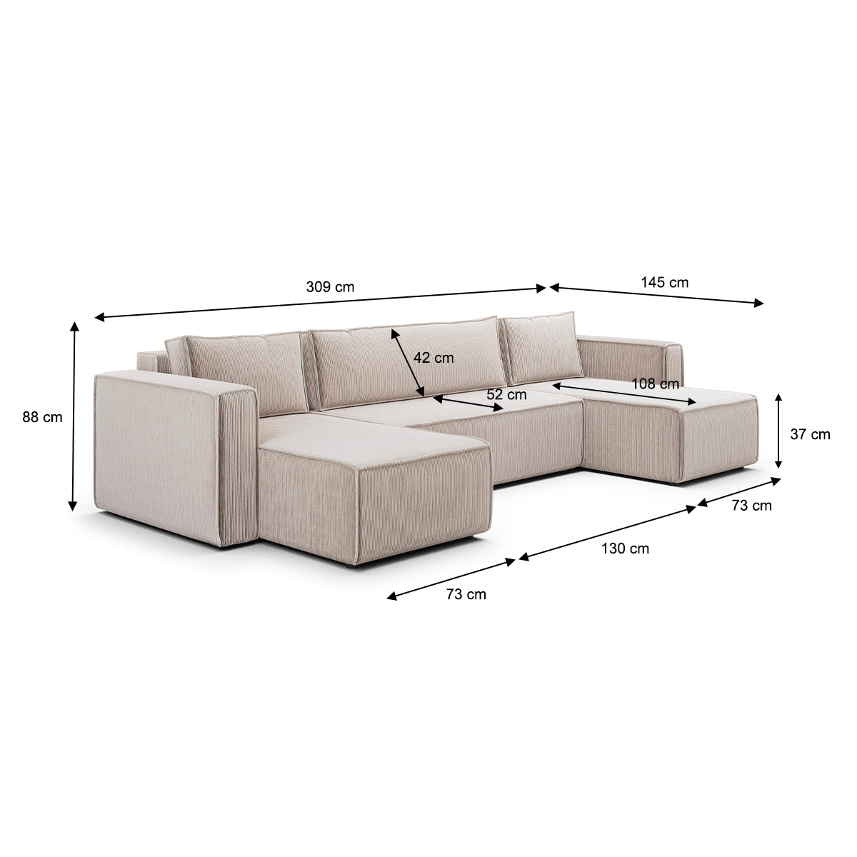 Canapé U 5 places convertible coffre Ezekiel velours côtelé Blanc Cassé - vue 6