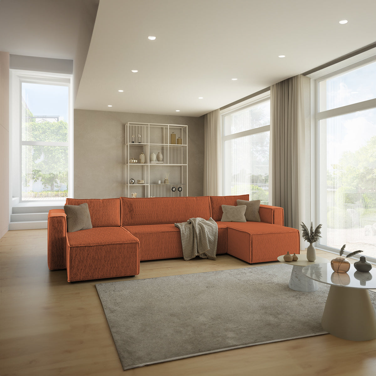Canapé U 5 places convertible coffre Ezekiel velours côtelé Terracotta - vue 2