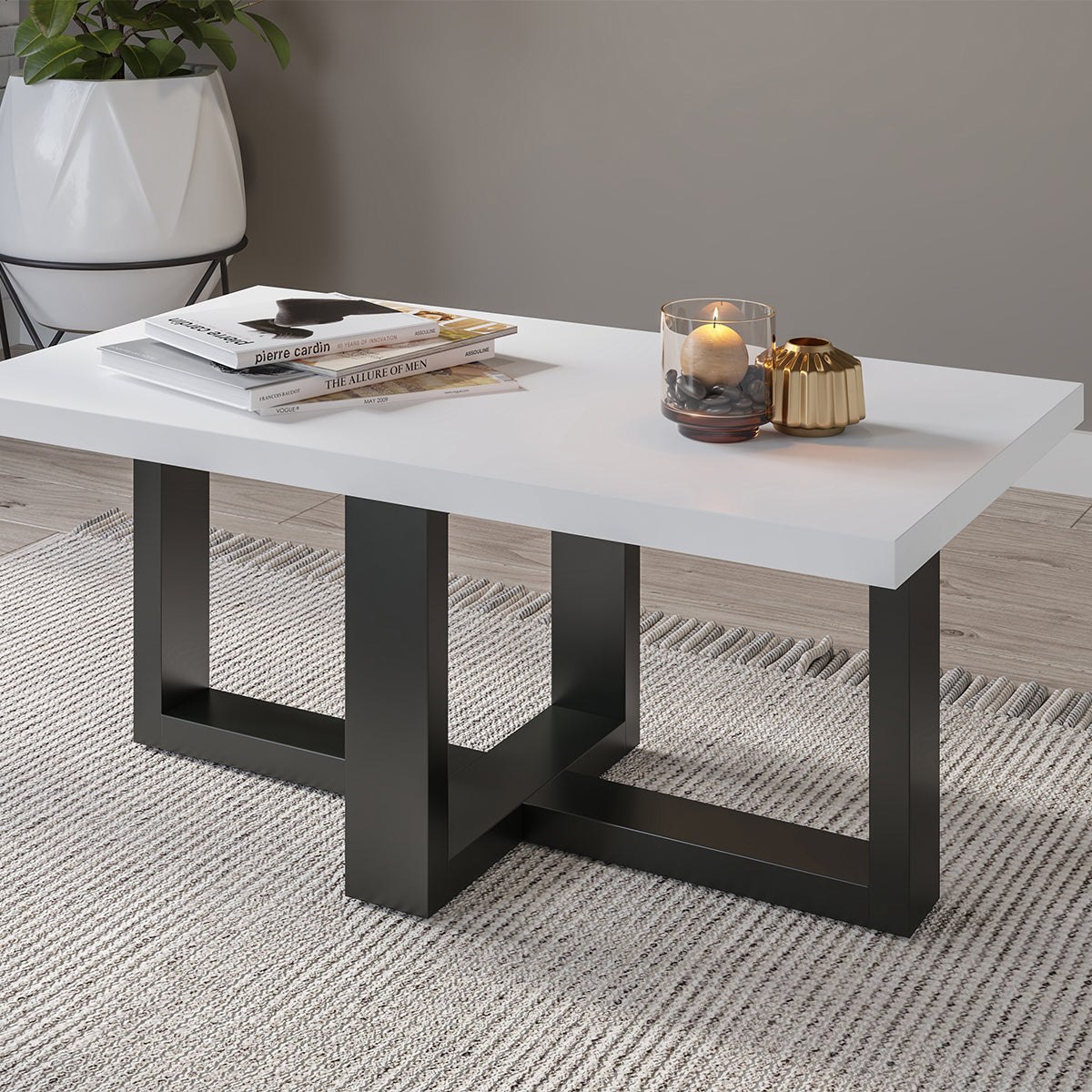 Table basse rectangle Ezgui Blanc et Noir - vue 2