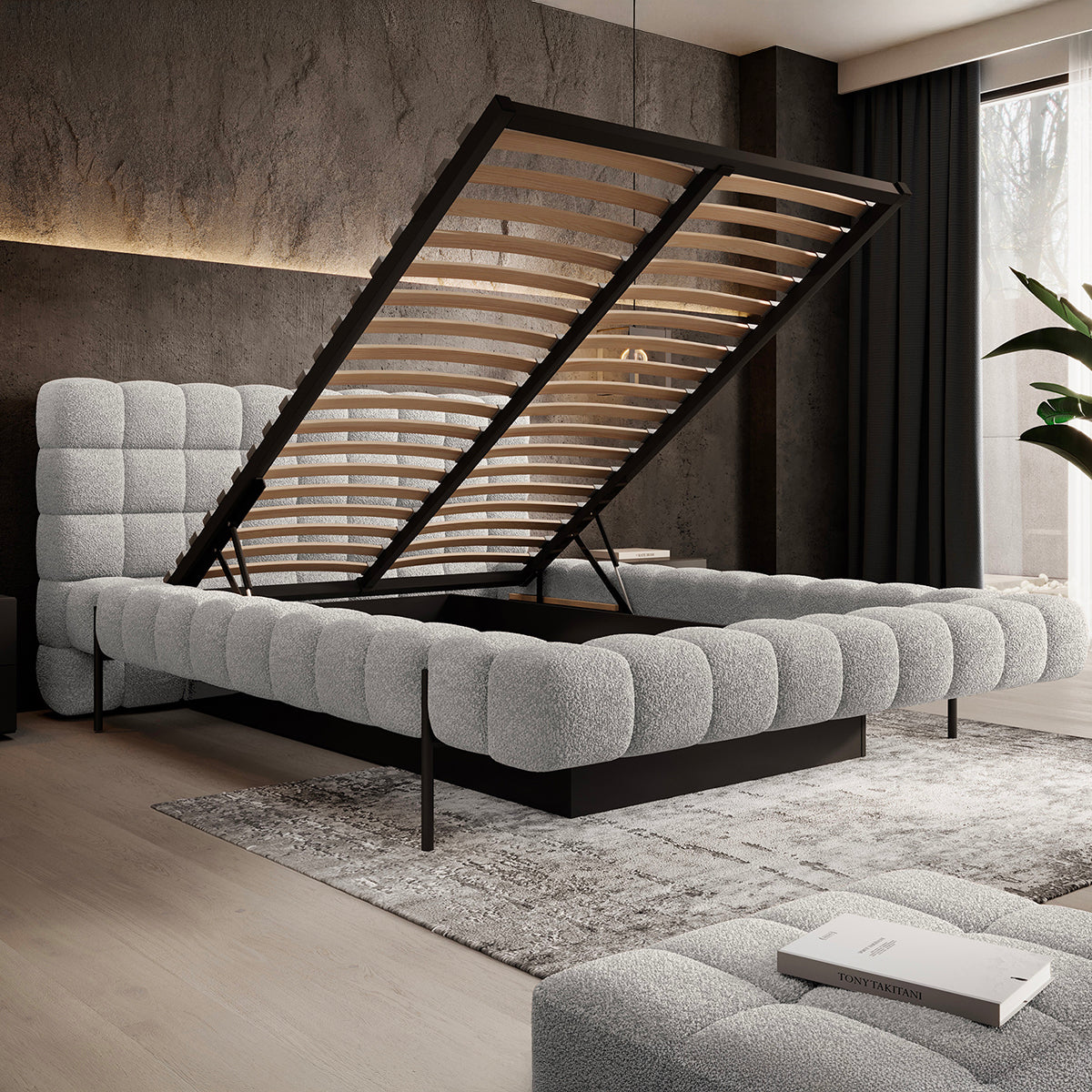 Lit coffre 160x200 sommier inclus Ezio Gris clair - vue 2