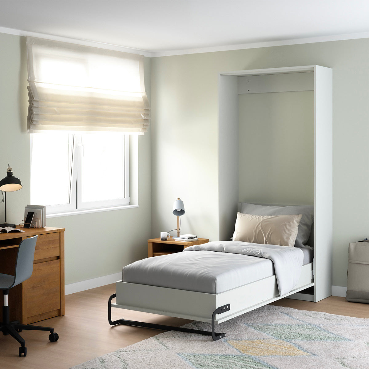 Lit escamotable 90x200 sommier et tête de lit inclus Fergus Blanc - vue 5