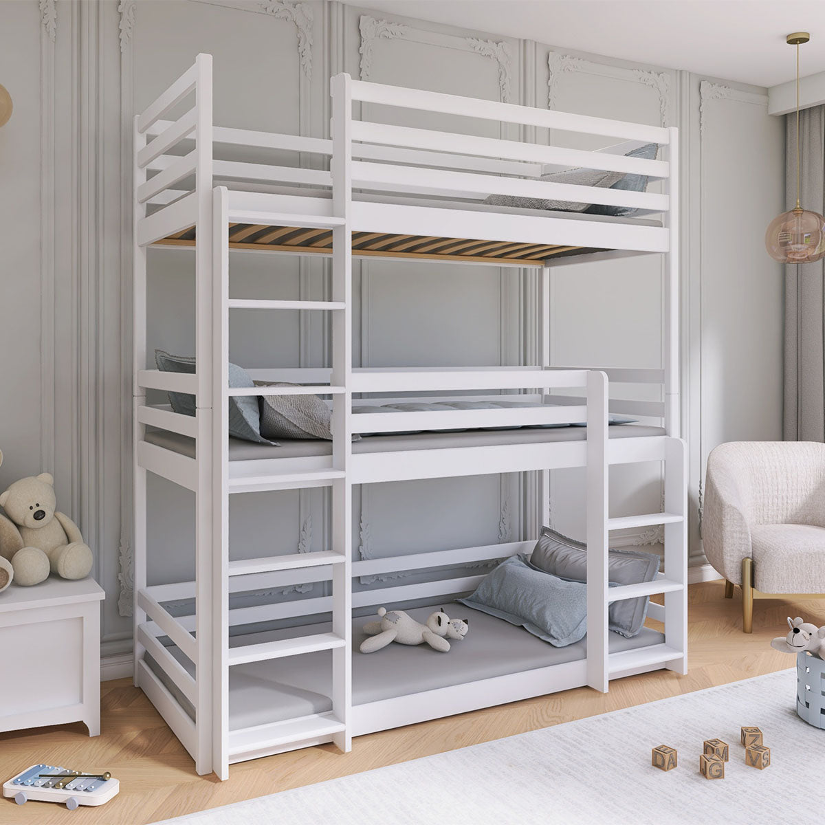 Lit superposé 3 niveaux 90x200 sommier inclus Florent Blanc - vue 3