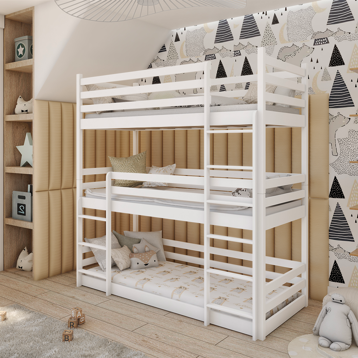 Lit superposé 3 niveaux 90x200 sommier inclus Florent Blanc