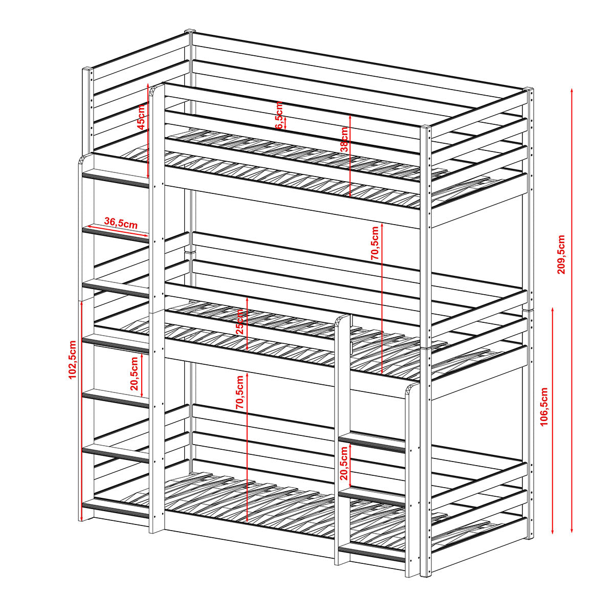 Lit superposé 3 niveaux 90x200 sommier inclus Florent Blanc - vue 9