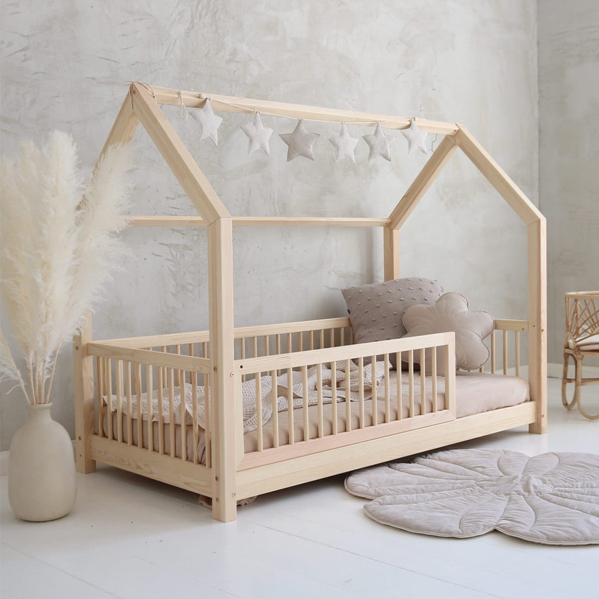 Lit cabane 90x190 barrière et sommier inclus pieds 5 cm Florie Bois - vue 4