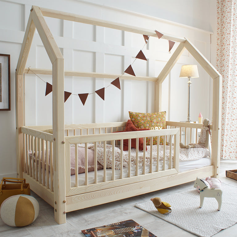 Lit cabane 90x190 barrière et sommier inclus pieds 5 cm Florie Bois - vue 3