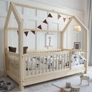 Lit cabane 90x190 barrière et sommier inclus pieds 5 cm Florie Bois