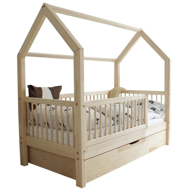 Lit cabane 90x190 barrière sommier et tiroir inclus Florie Bois - vue 2