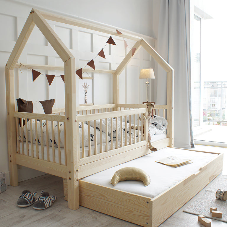 Lit cabane 90x190 barrière sommier et tiroir inclus Florie Bois - vue 3