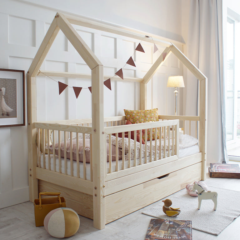 Lit cabane 90x190 barrière sommier et tiroir inclus Florie Bois - vue 4