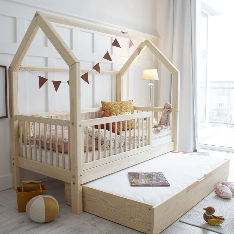 Lit cabane 90x190 barrière sommier et tiroir inclus Florie Bois - vue 5