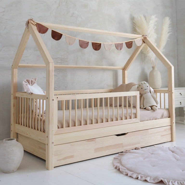 Lit cabane 90x190 barrière sommier et tiroir inclus Florie Bois - vue 6