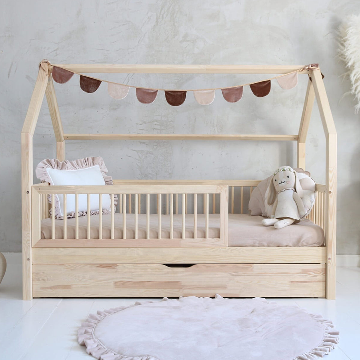 Lit cabane 90x190 barrière sommier et tiroir inclus Florie Bois - vue 7