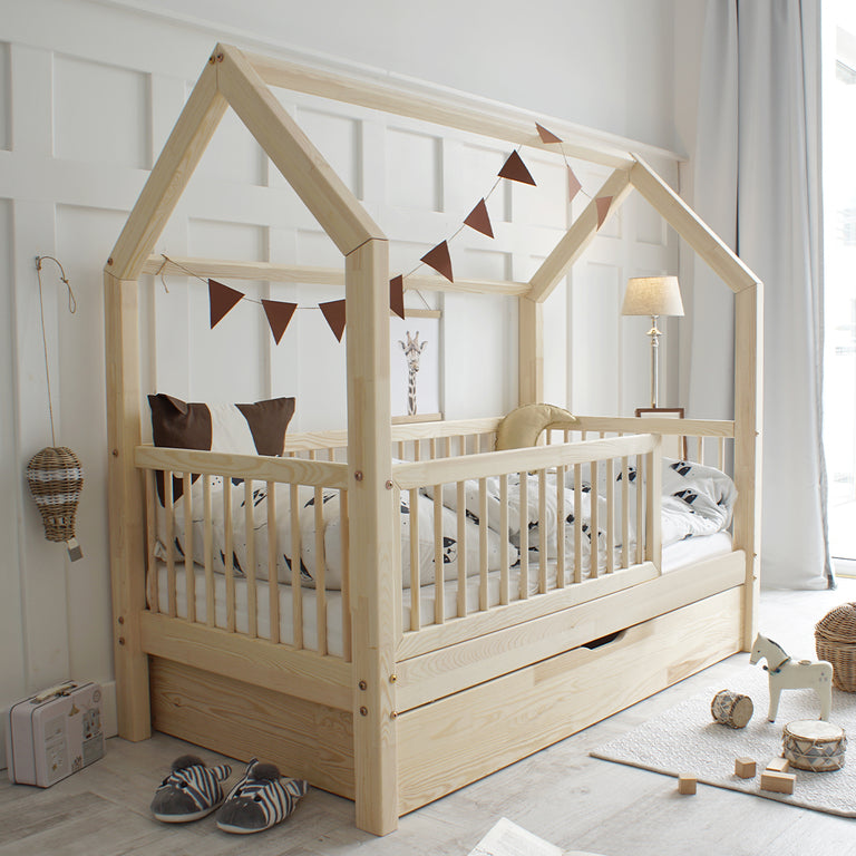 Lit cabane 90x190 barrière sommier et tiroir inclus Florie Bois