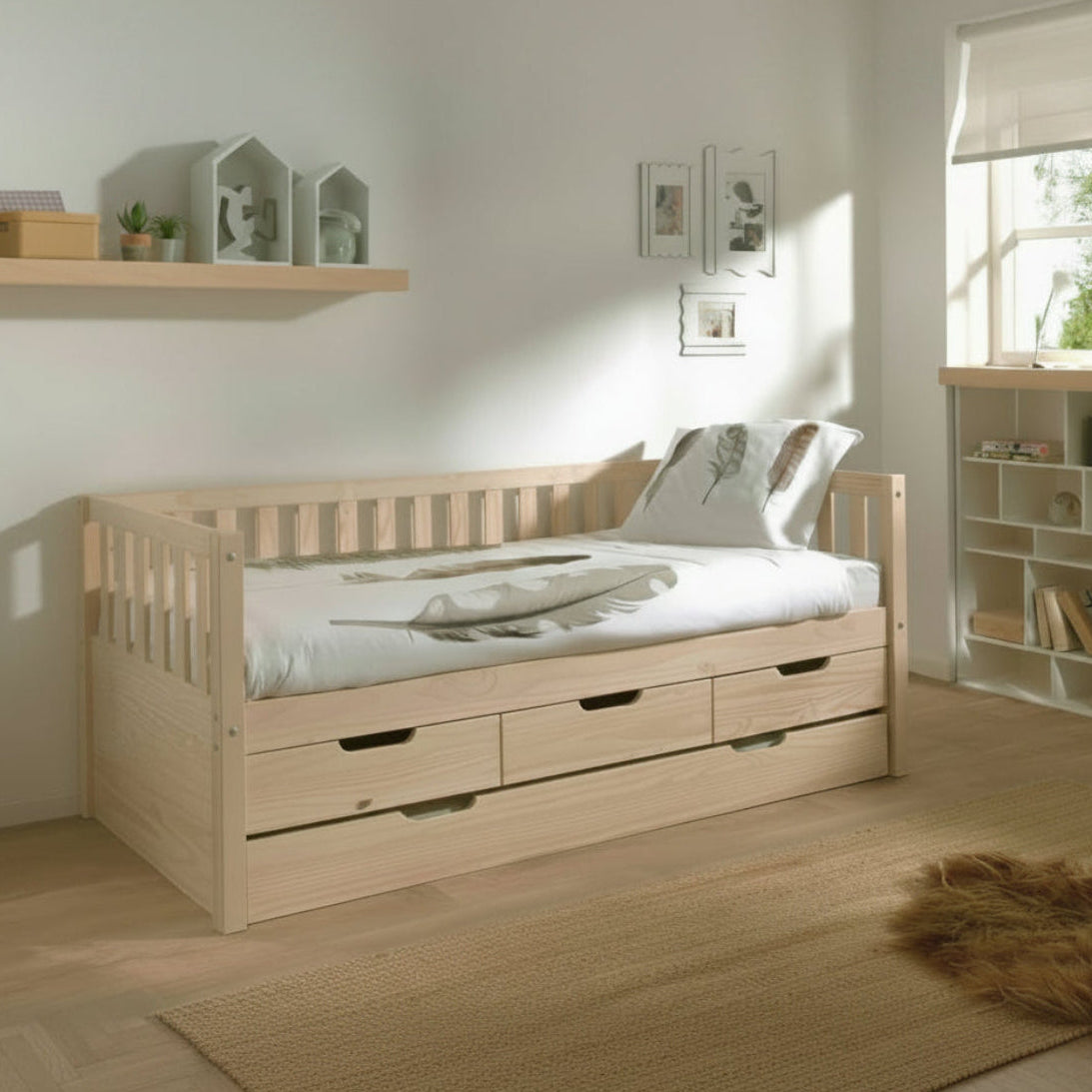 Lit banquette 90x200 sommier 3 tiroirs et tiroir de lit inclus Vipack Fritz - Bois - vue 4