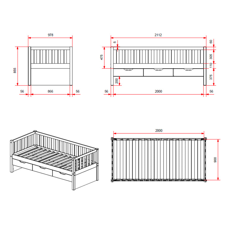 Lit banquette 90x200 sommier et 3 tiroirs inclus Vipack Fritz - Bois - vue 4