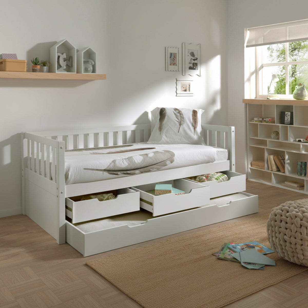 Lit banquette 90x200 sommier et 3 tiroirs inclus Vipack Fritz - Blanc - vue 3