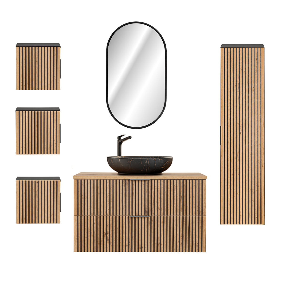 Ensemble meuble simple vasque 100cm miroir LED colonne et 3 armoires murales Gaia Bois et Noir - Vasque Noir - vue 2