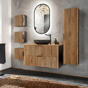 Ensemble meuble simple vasque 100cm miroir LED colonne et 3 armoires murales Gaia Bois et Noir - Vasque Noir