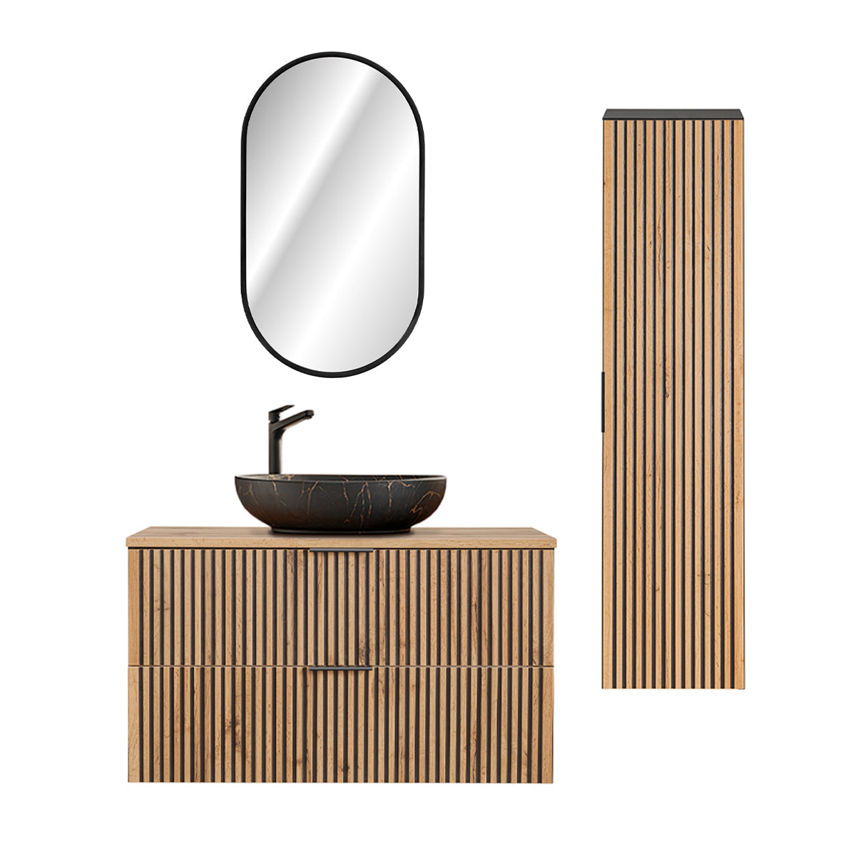 Ensemble meuble simple vasque 100cm miroir LED et colonne Gaia Bois et Noir - Vasque Noir - vue 2