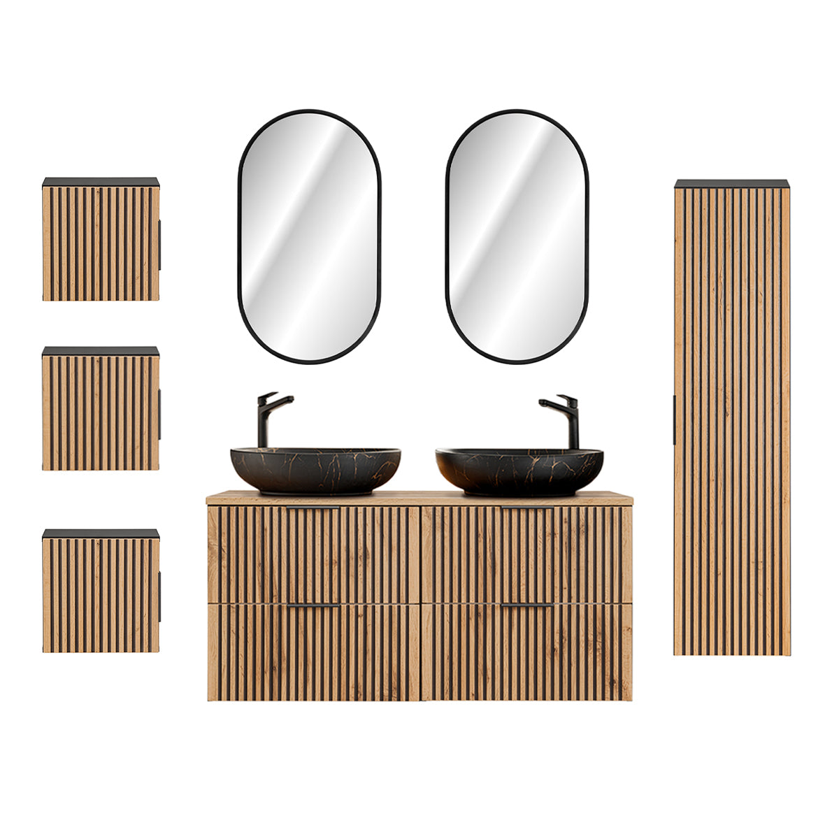 Ensemble meuble double vasque 120cm miroirs LED colonne et 3 armoires murales Gaia Bois et Noir - Vasque Noir - vue 2