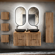 Ensemble meuble double vasque 120cm miroirs LED colonne et 3 armoires murales Gaia Bois et Noir - Vasque Noir