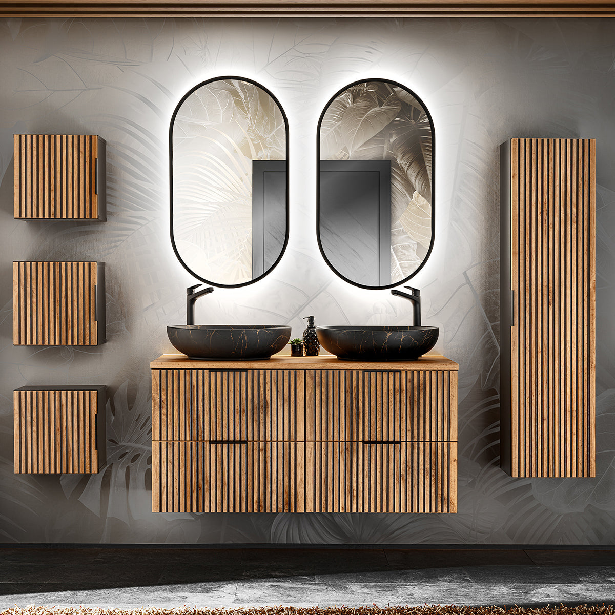 Ensemble meuble double vasque 120cm miroirs LED colonne et 3 armoires murales Gaia Bois et Noir - Vasque Noir