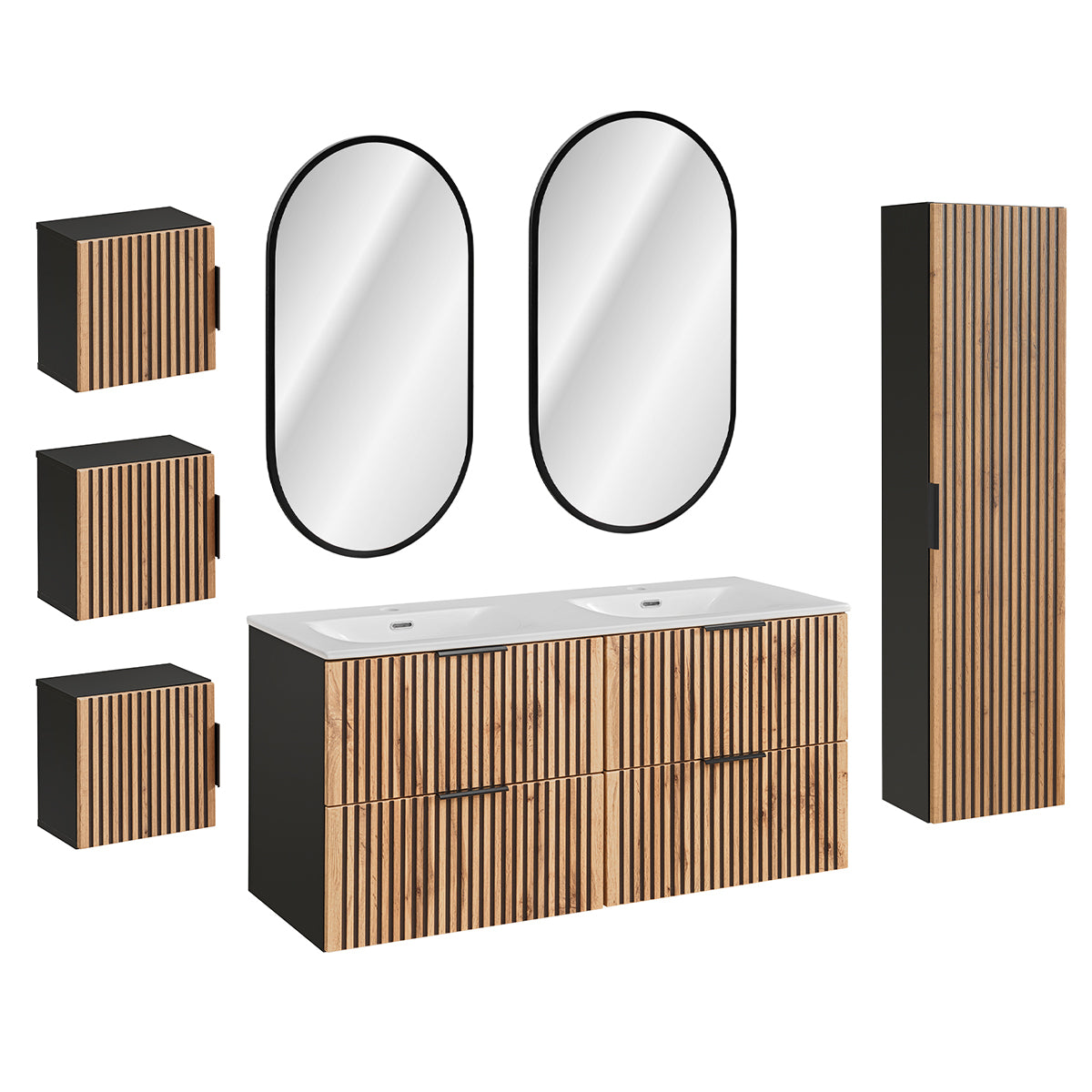 Ensemble meuble double vasque encastrée 120cm miroirs LED colonne et 3 armoires murales Gaia Bois et Noir - vue 2