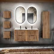 Ensemble meuble double vasque encastrée 120cm miroirs LED colonne et 3 armoires murales Gaia Bois et Noir