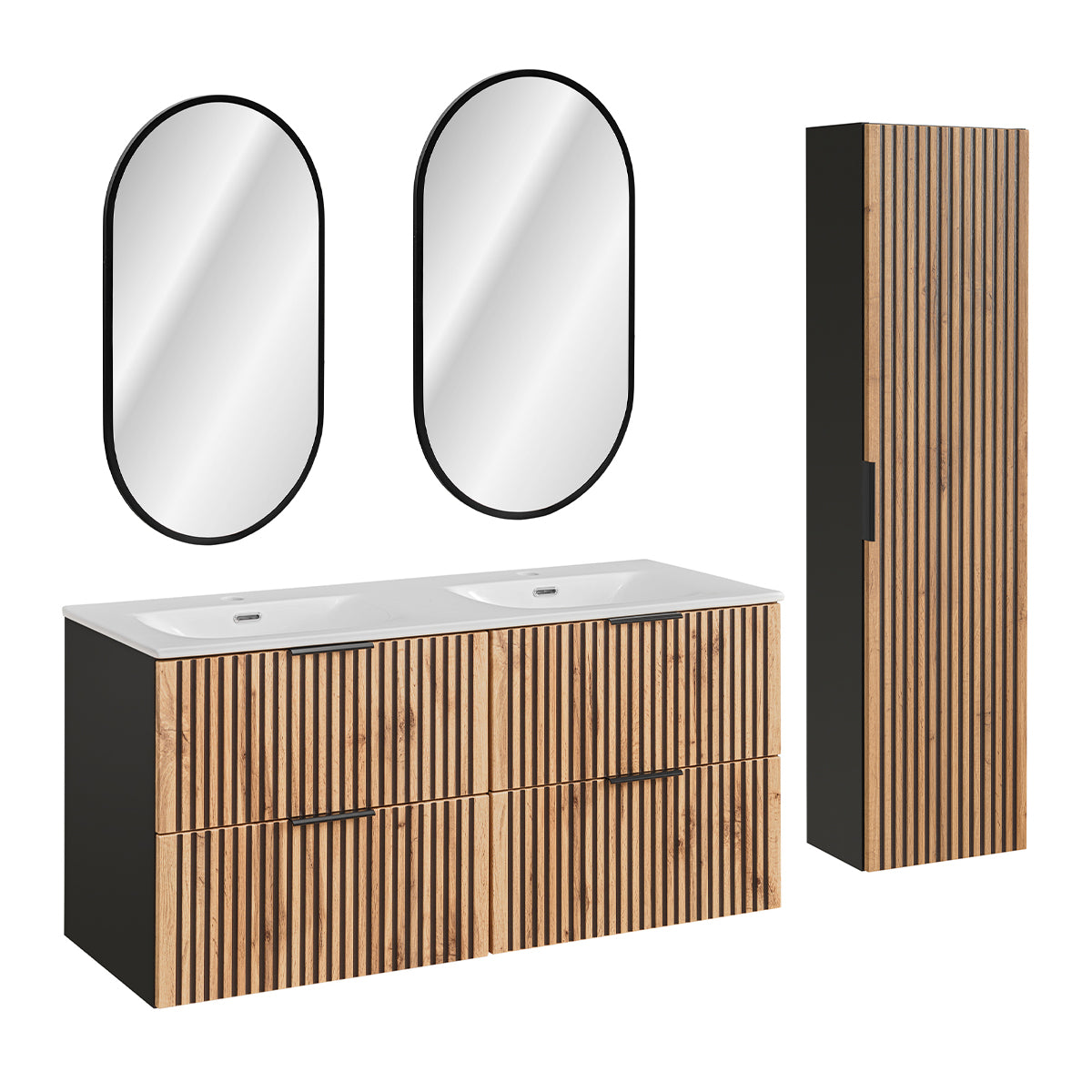 Ensemble meuble double vasque encastrée 120cm miroirs LED et colonne Gaia Bois et Noir - vue 2