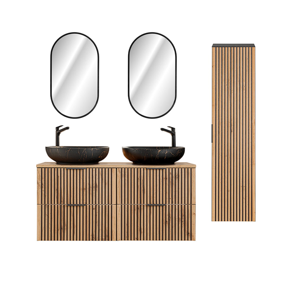 Ensemble meuble double vasque 120cm miroirs LED et colonne Gaia Bois et Noir - Vasque Noir - vue 2