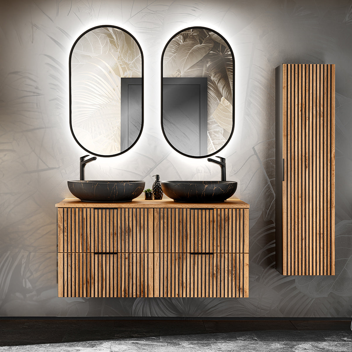Ensemble meuble double vasque 120cm miroirs LED et colonne Gaia Bois et Noir - Vasque Noir