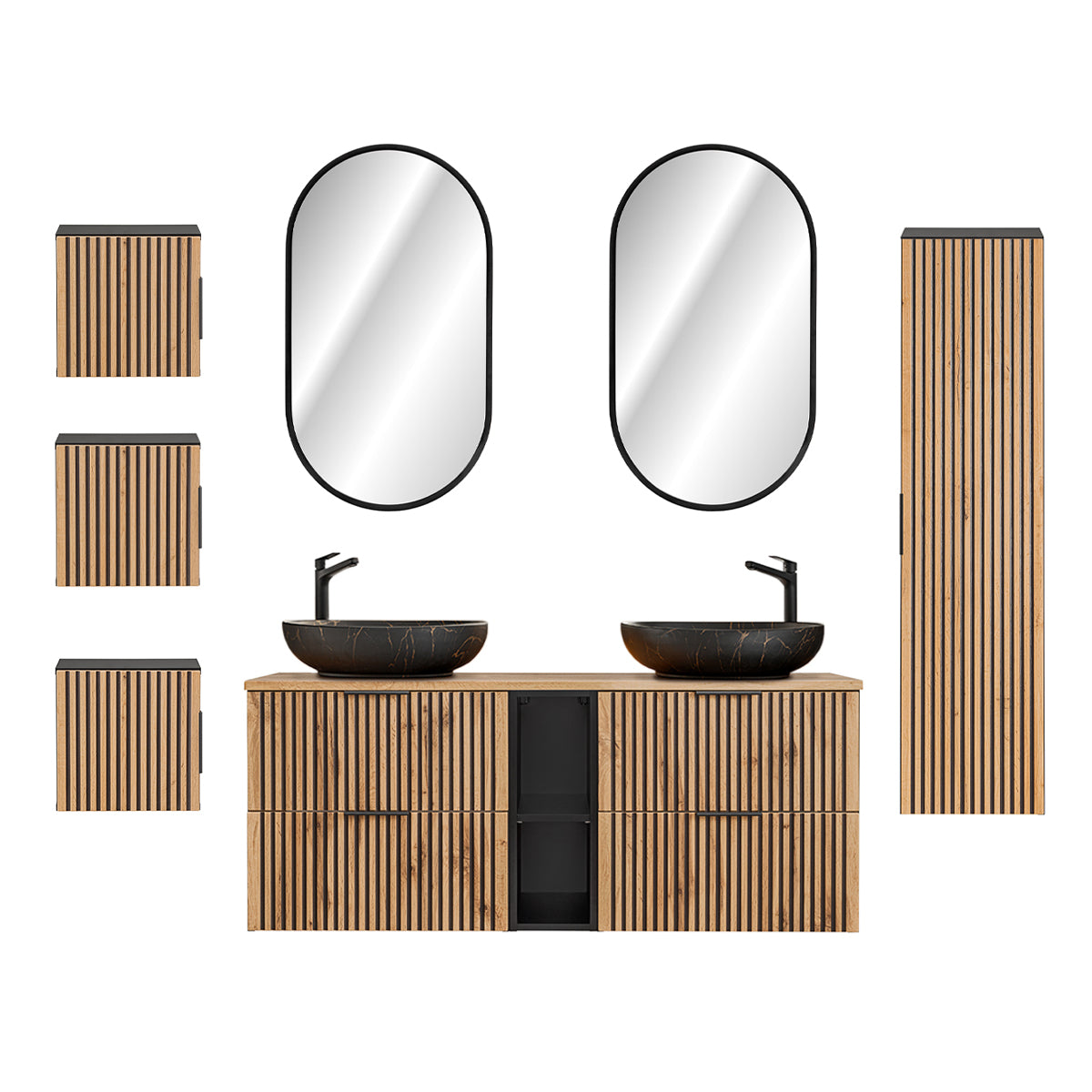 Ensemble meuble double vasque 140cm 2 niches miroirs LED colonne et 3 armoires murales Gaia Bois et Noir - Vasque Noir - vue 2
