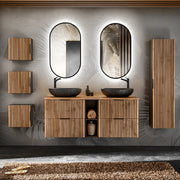 Ensemble meuble double vasque 140cm 2 niches miroirs LED colonne et 3 armoires murales Gaia Bois et Noir - Vasque Noir