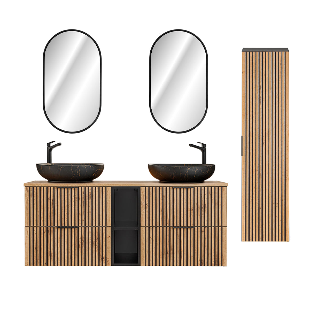 Ensemble meuble double vasque 140cm 2 niches miroirs LED et colonne Gaia Bois et Noir - Vasque Noir - vue 2