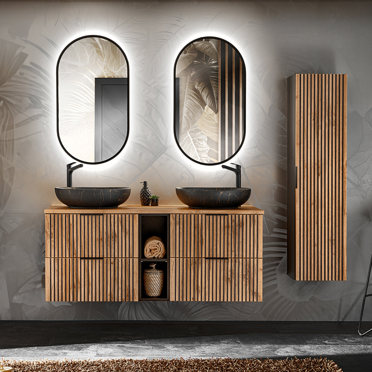 Ensemble meuble double vasque 140cm 2 niches miroirs LED et colonne Gaia Bois et Noir - Vasque Noir