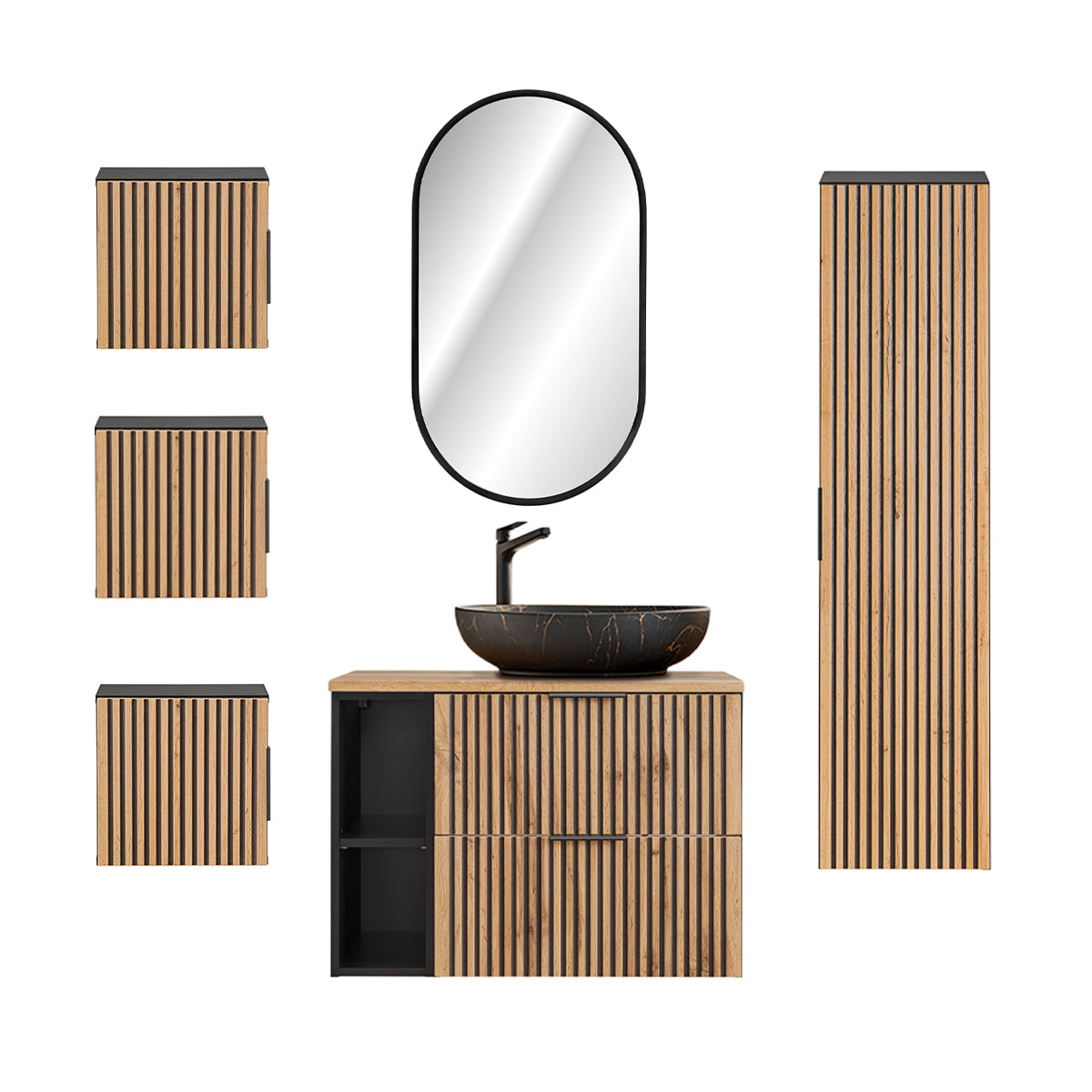 Ensemble meuble simple vasque 80cm 2 niches miroir LED colonne et 3 armoires murales Gaia Bois et Noir - Vasque Noir - vue 2