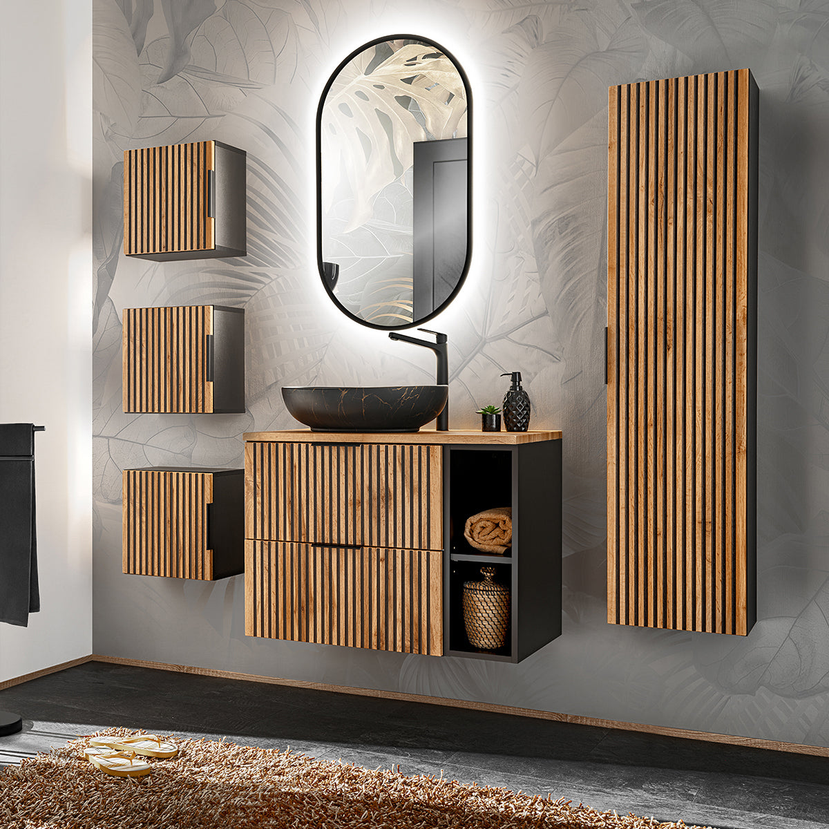 Ensemble meuble simple vasque 80cm 2 niches miroir LED colonne et 3 armoires murales Gaia Bois et Noir - Vasque Noir