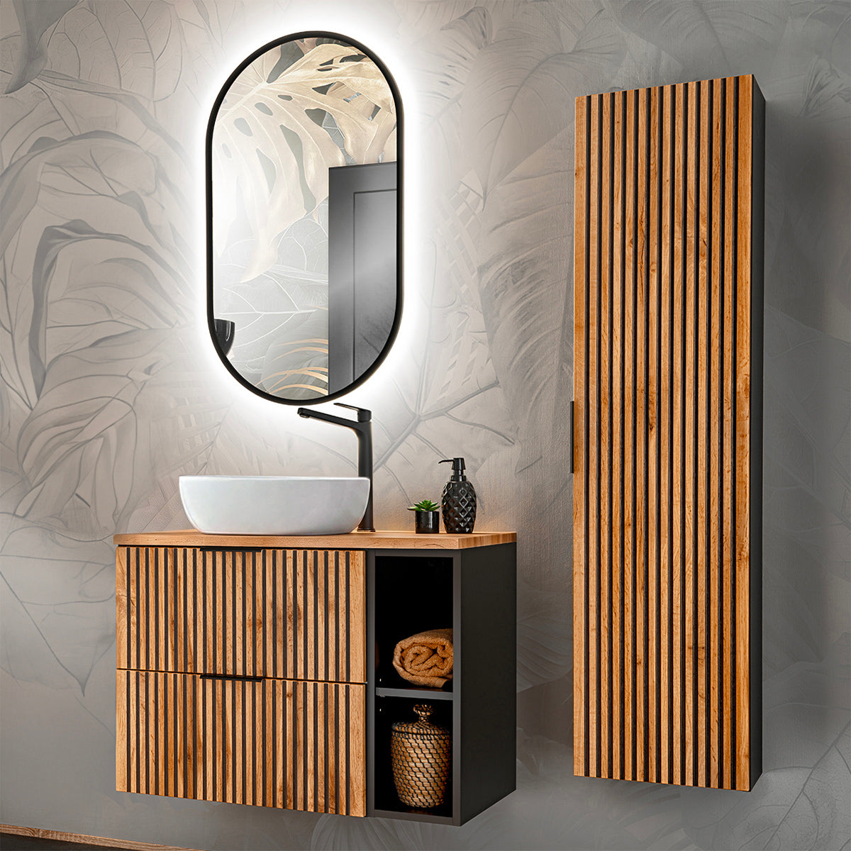 Ensemble meuble simple vasque 80cm 2 niches et colonne Gaia Bois et Noir