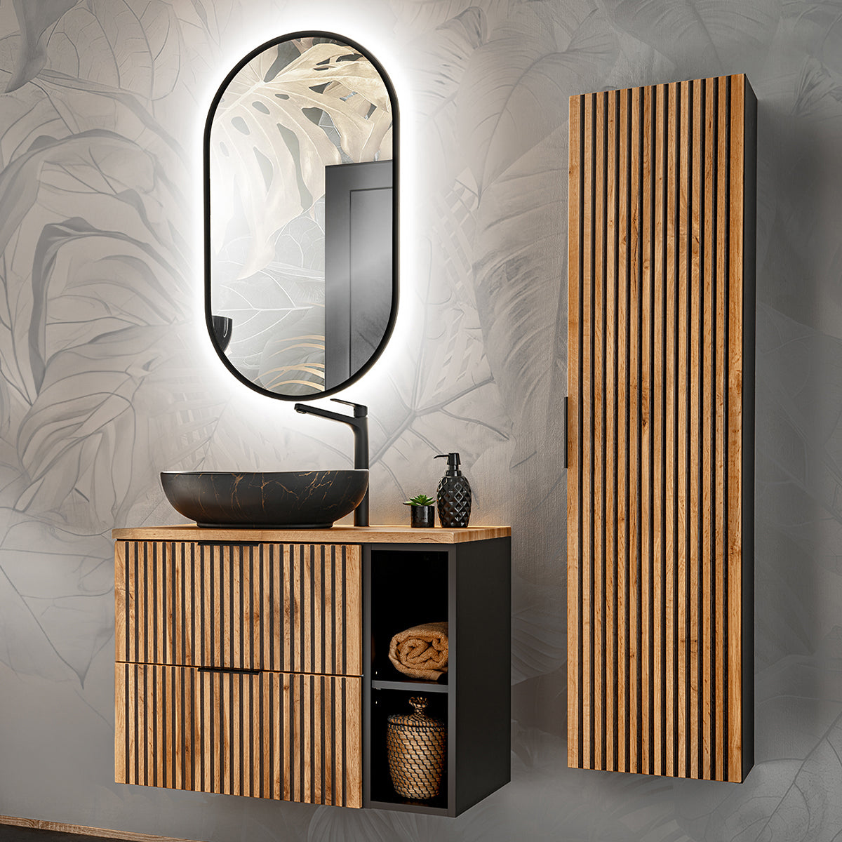 Ensemble meuble simple vasque 80cm 2 niches miroir LED et colonne Gaia Bois et Noir - Vasque Noir