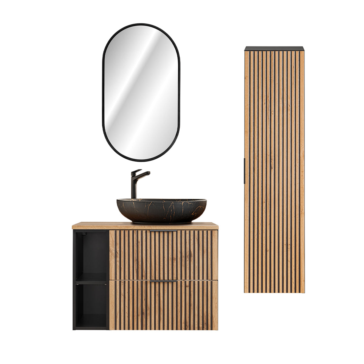 Ensemble meuble simple vasque 80cm 2 niches miroir LED et colonne Gaia Bois et Noir - Vasque Noir - vue 2
