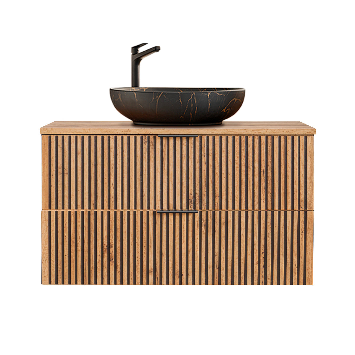 Ensemble meuble simple vasque 100cm colonne et 3 armoires murales Gaia Bois et Noir - Vasque Noir - vue 3