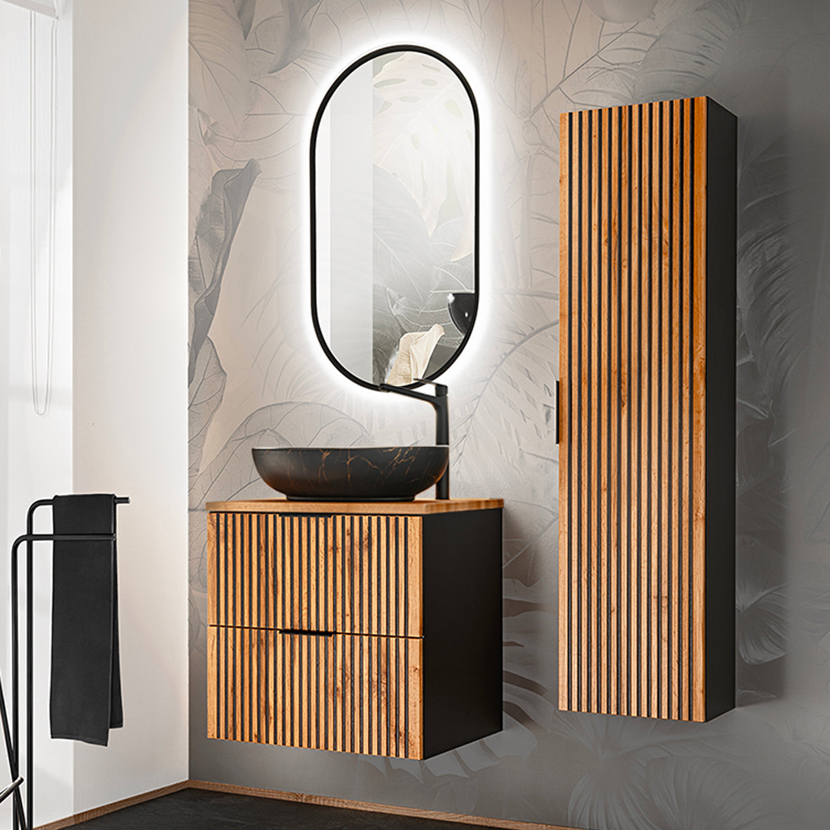 Meuble simple vasque 60cm Gaia Bois et Noir - Vasque Noir - vue 4