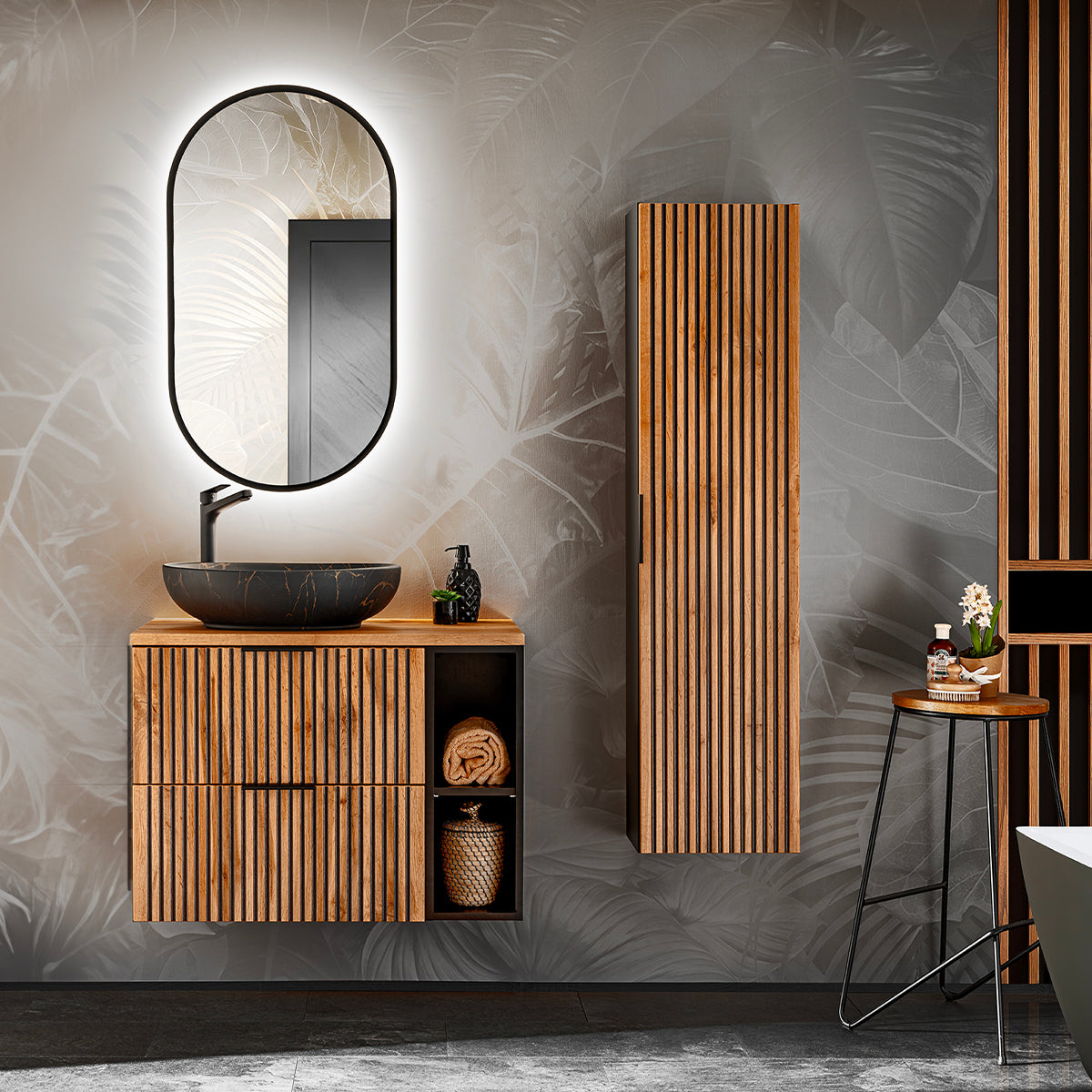 Ensemble meuble simple vasque 80cm 2 niches miroir LED et colonne Gaia Bois et Noir - Vasque Noir - vue 8
