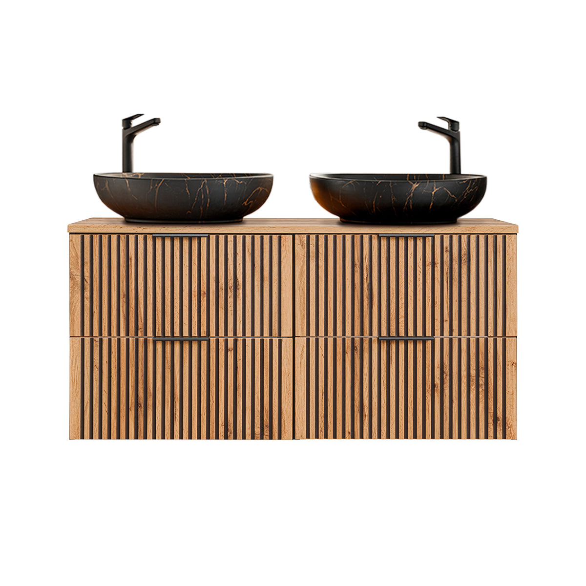 Ensemble meuble double vasque 120cm et colonne Gaia Bois et Noir - Vasque Noir - vue 3
