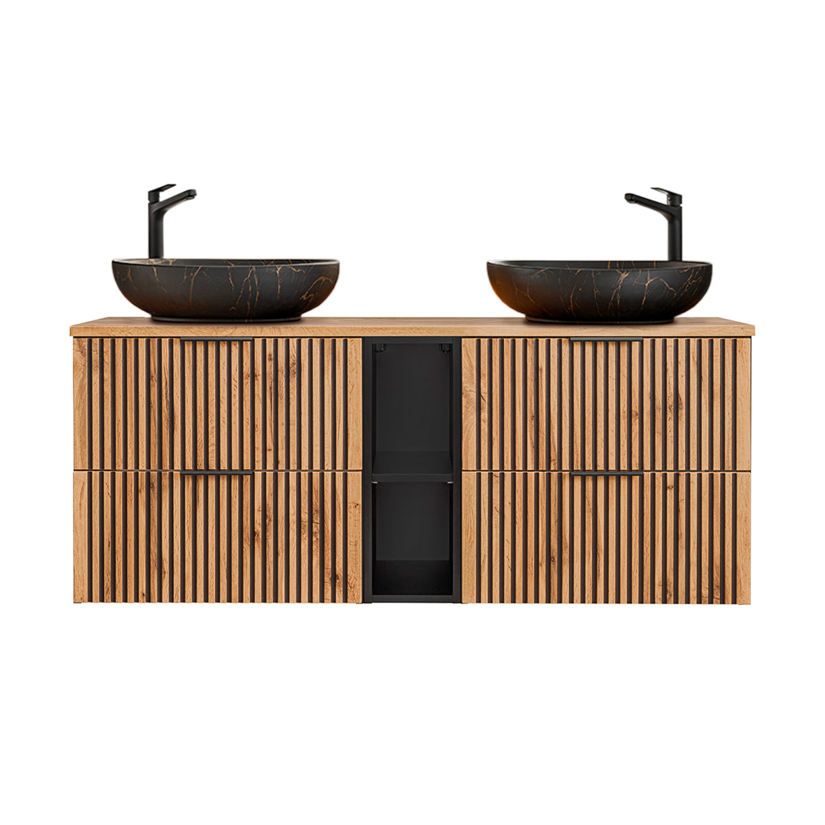 Ensemble meuble double vasque 140cm 2 niches et colonne Gaia Bois et Noir - Vasque Noir - vue 3