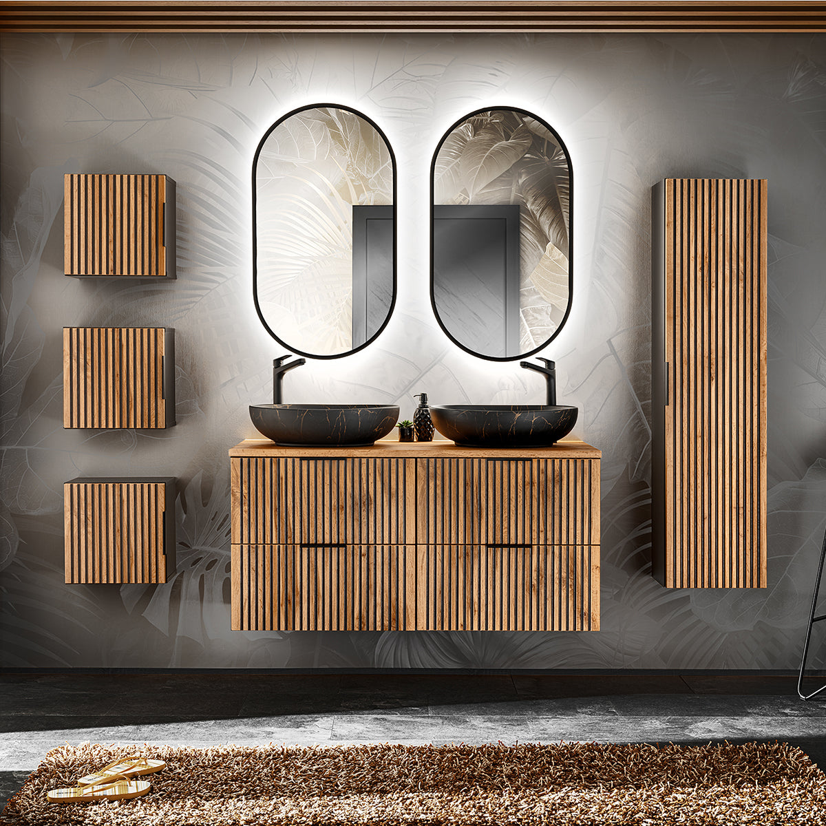 Meuble double vasque 120cm Gaia Bois et Noir - Vasque Noir - vue 4