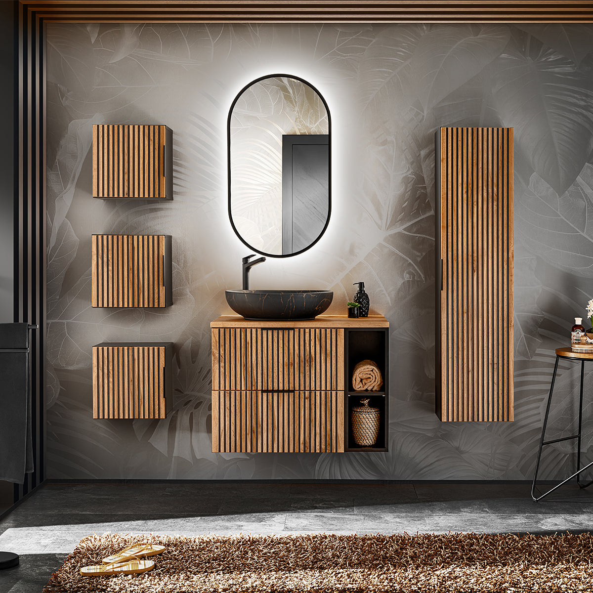 Meuble sous-vasque 80cm 2 niches Gaia Bois et Noir - vue 4
