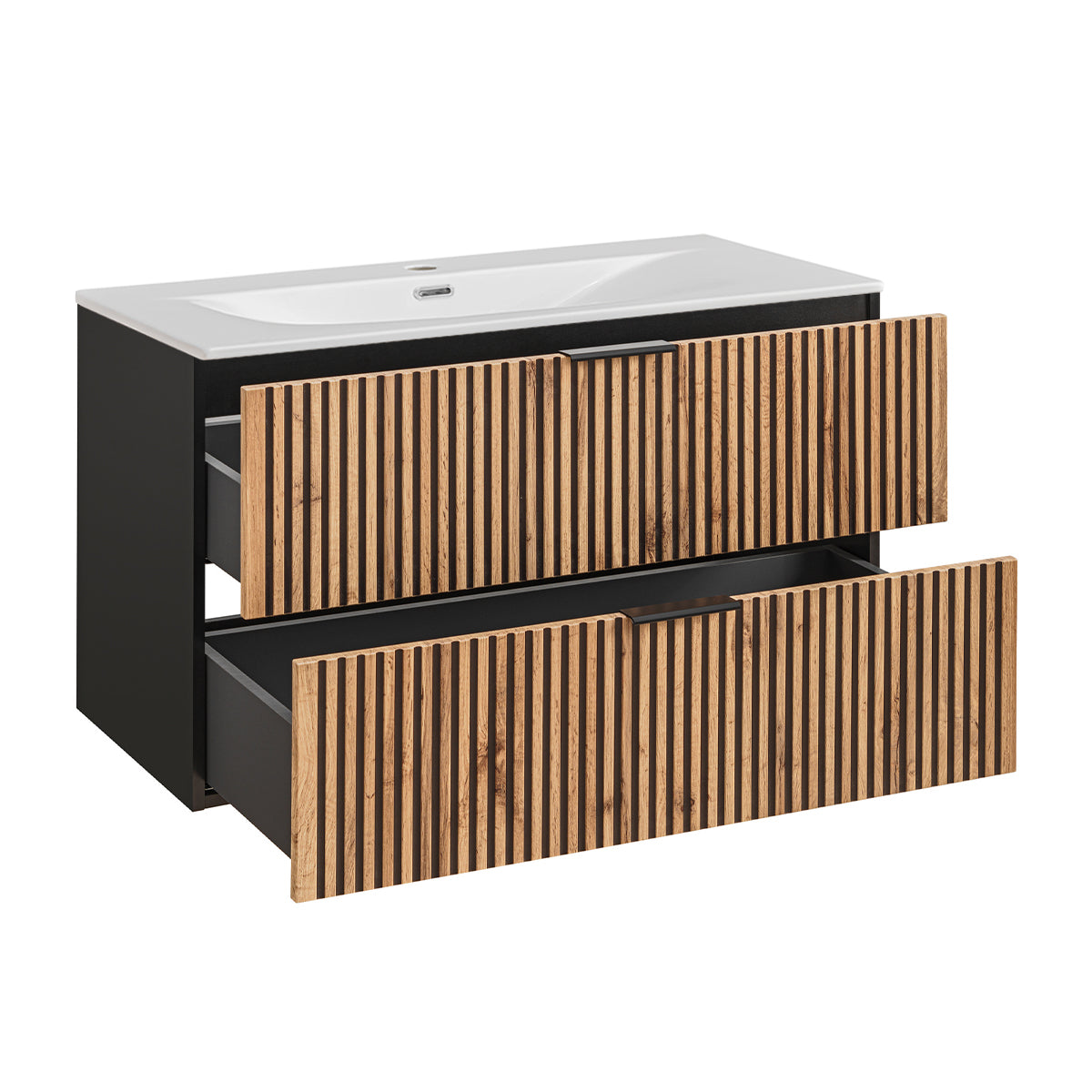 Meuble simple vasque encastrée 100cm Gaia Bois et Noir - vue 2