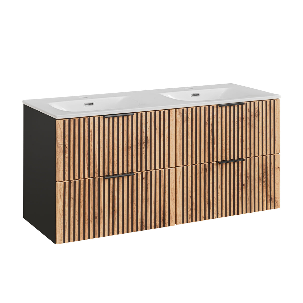 Ensemble meuble double vasque encastrée 120cm colonne et 3 armoires murales Gaia Bois et Noir - vue 3